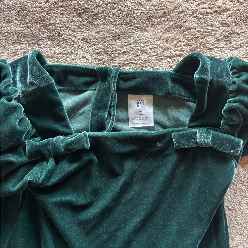 Baby Gap Girls Forest Green Velvet Holiday Dress Bow Puffy Sleeve Toddler 5T - Picture 2 of 3